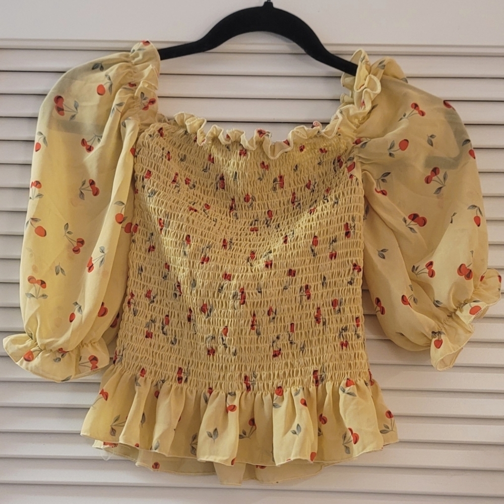 Yellow Cherry Ruched Ruffle Off-Shoulder Pirate Sleeve Top - Picture 2 of 4